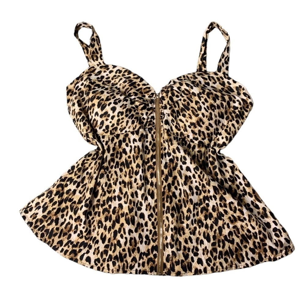 Sleeveless Leopard Print Spandex Zipper Front Sweetheart Strap Top 3XL size